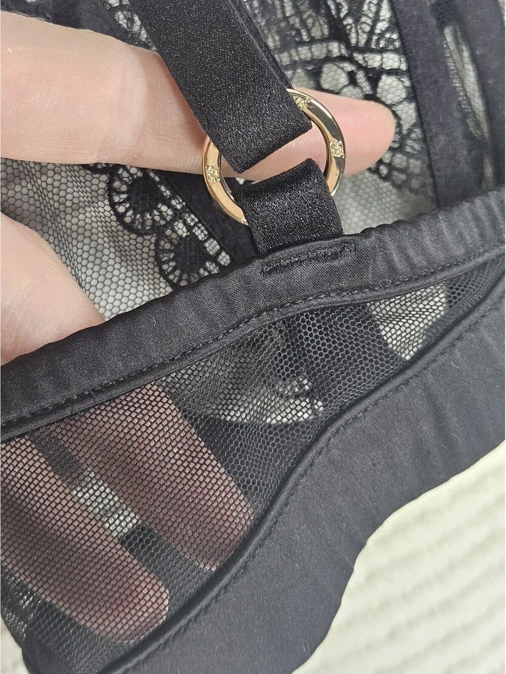 honey birdette Miss Soo Bra 10C 32C Black Boned Balconette Satin Lace Rare Luxe
